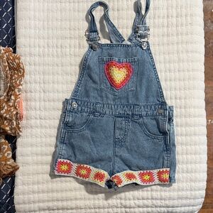 Denim Crochet Heart Short Overalls - Kids